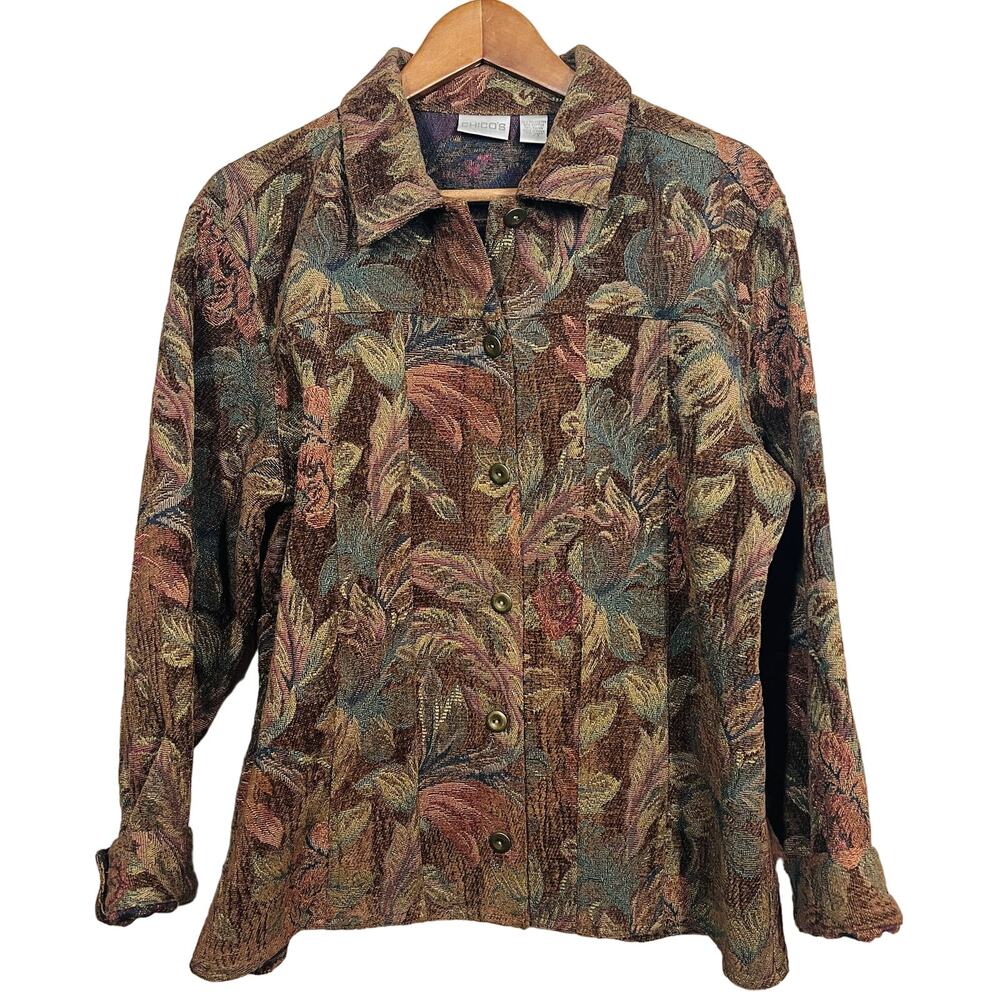 Chico's Needlepoint Button Front Jacket Brown Red Gold Long Sleeve - 2